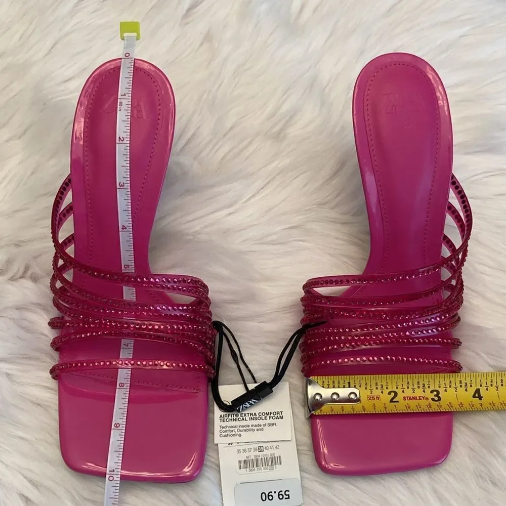 Zara Vinyl Pink Rhinestone Squared Toe High Heels Dress Sandals Shoes Size 8 - Picture 3 of 13